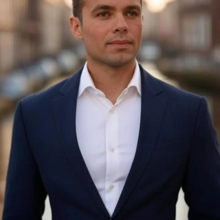 Modern business outfit styled in an urban European setting