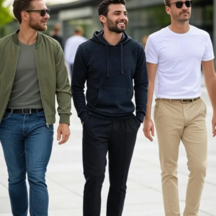 Curated casual menswear outfits styled in an urban European street