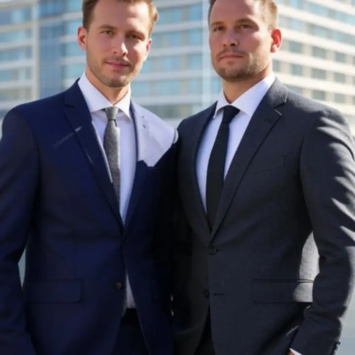Modern men in tailored outfits walking through a European urban street